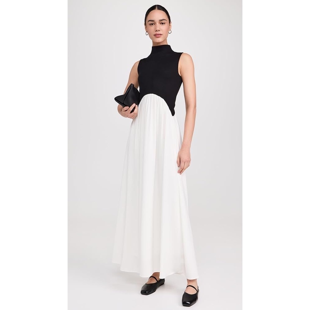 Line & Dot Masha Dress Black White Mock Neck Sleeveless Mixed Media Maxi Dress